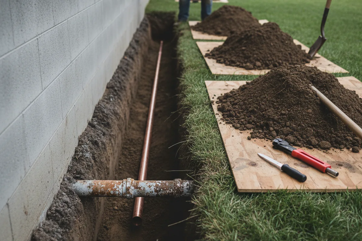 Excavated water line trench during Water Softener Installation in Lula